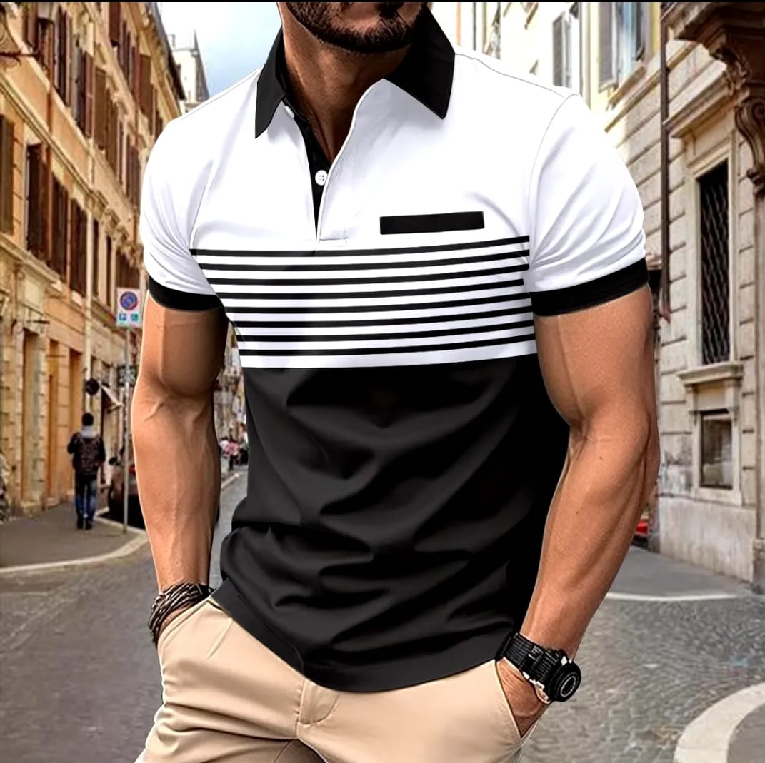 Setsap White Black Striped Polo T-Shirt for Men